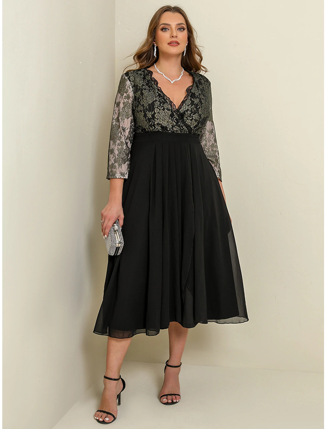 Robe noire pour femme, robe de bal, robe en dentelle noire, grande taille, robe de soirée, robe trapèze, robe longue à fleurs, robe longue, manches 3/4, patchwork, col en V, robe d'invitée de mariage