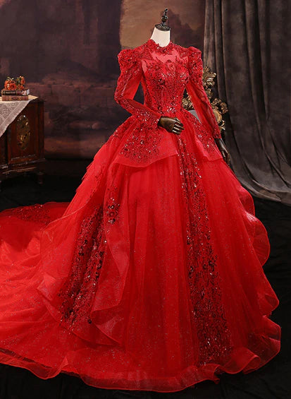 Red Tulle Ball Gown Long Sleeves Sequins Wedding Party Dress