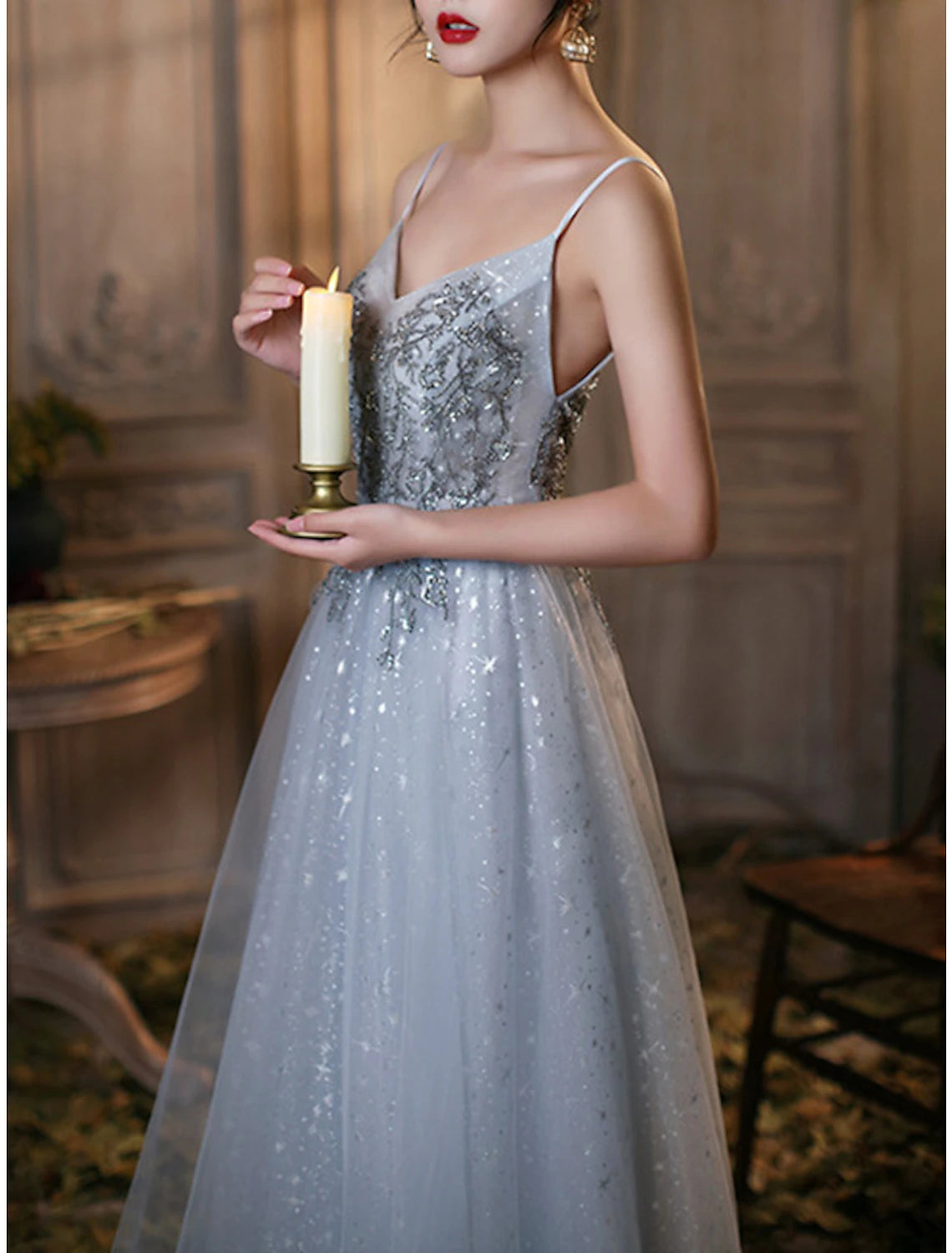 Weitese A-Line Prom Dresses Elegant Dress Wedding Guest Prom Floor Length Sleeveless Spaghetti Strap Tulle with Pleats Beading