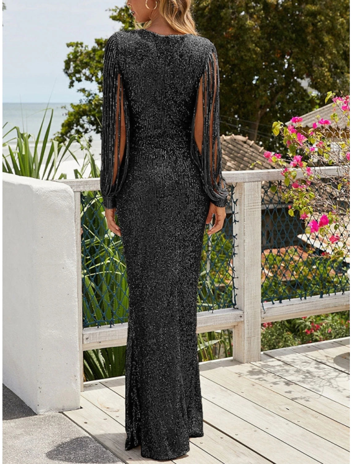 Weitese Sheath / Column Evening Gown Sparkle & Shine Dress Wedding Guest Party Wear Sweep / Brush Train Long Sleeve V Neck Sequined with Glitter Pleats