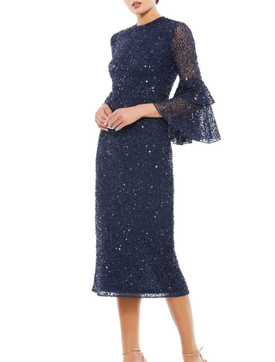 Sheath / Column Evening Dresses Party Dress Wedding Guest Party Wear Tea Length 3/4 Length Sleeve Jewel Neck Sequined