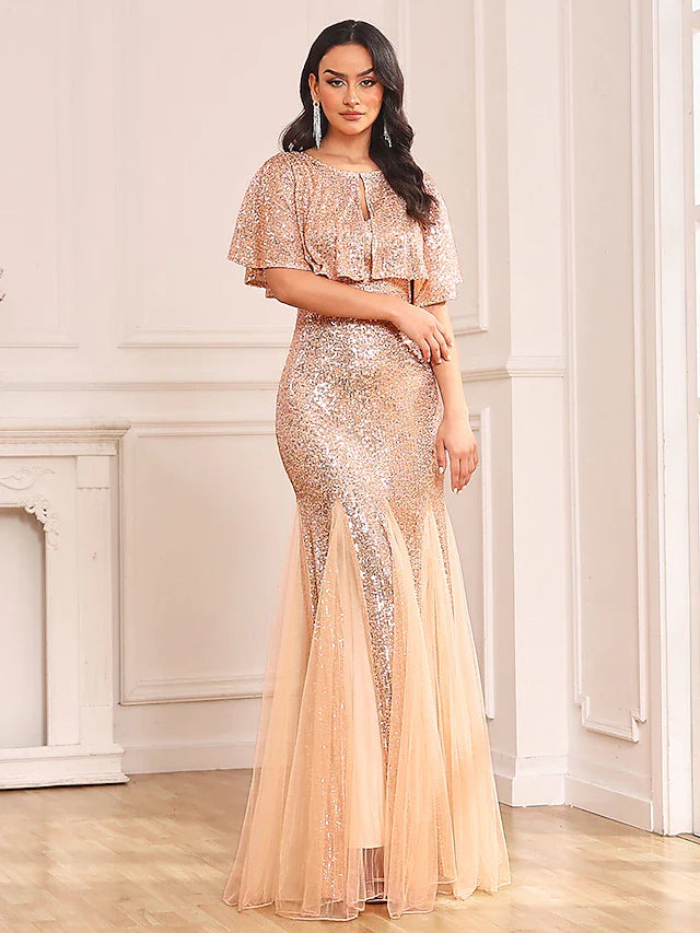 Two Piece Mermaid / Trumpet Party Dresses Sparkle & Shine Dress Prom Floor Length Sleeveless V Neck Capes Tulle V Back