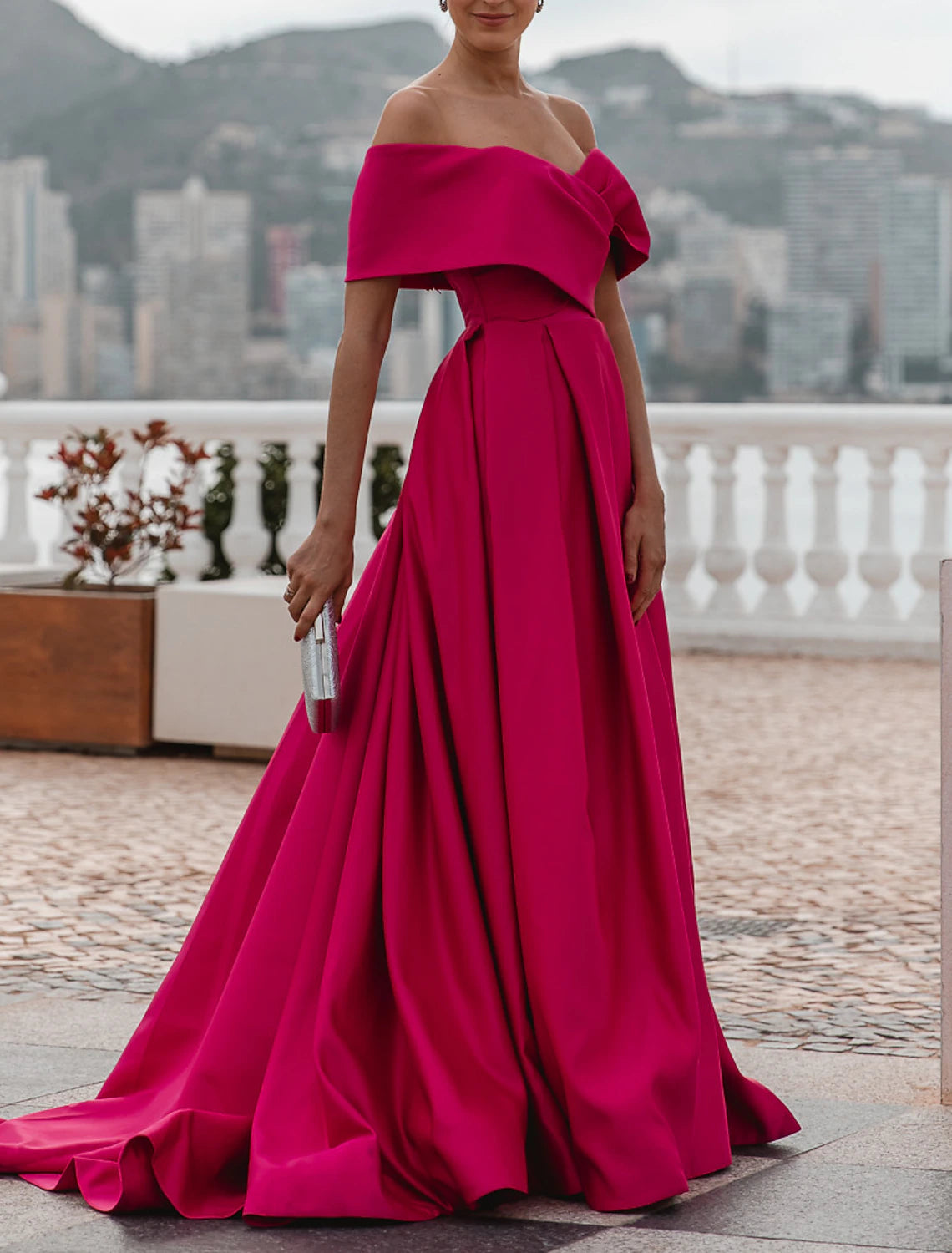 A-Line Evening Gown Party Dress Celebrity Style Dress Formal Wedding Court Train Sleeveless Off Shoulder Bridesmaid Dress Satin