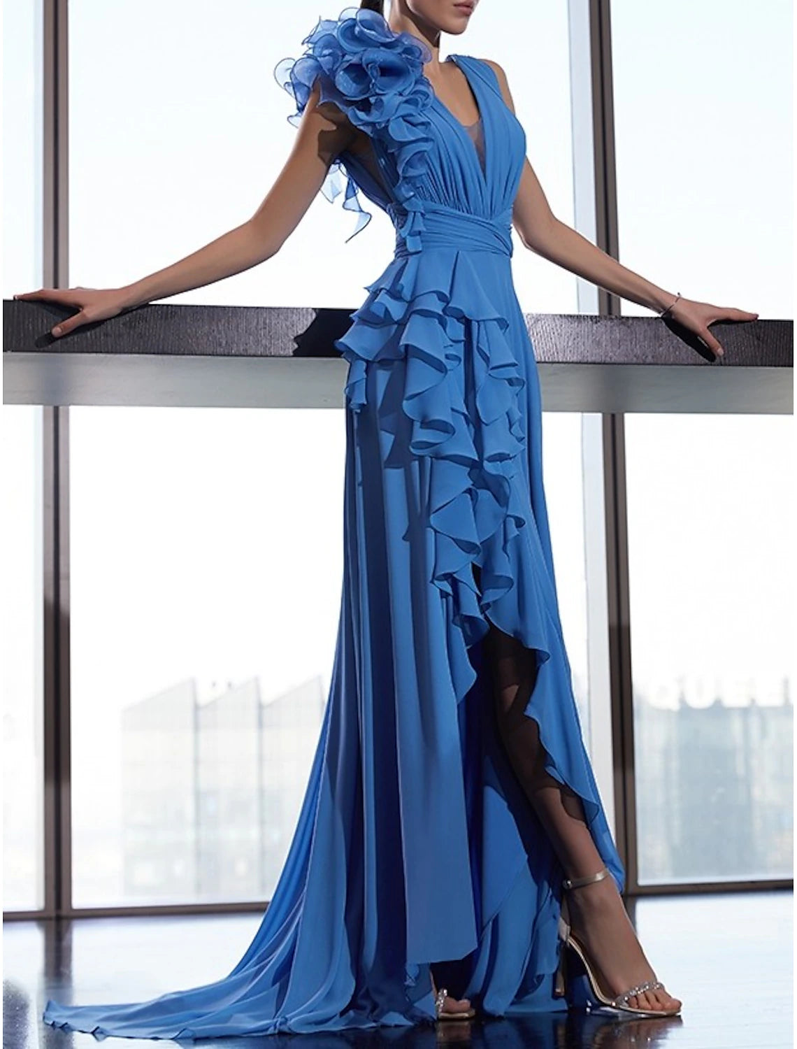 A-Line Evening Gown Floral Dress Formal Prom Court Train Sleeveless V Neck Fall Wedding Guest Chiffon