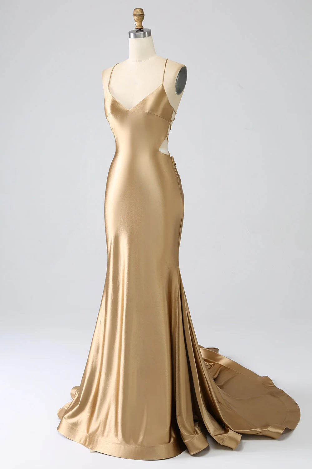 Robe de bal longue en satin à bretelles spaghetti et dos lacé