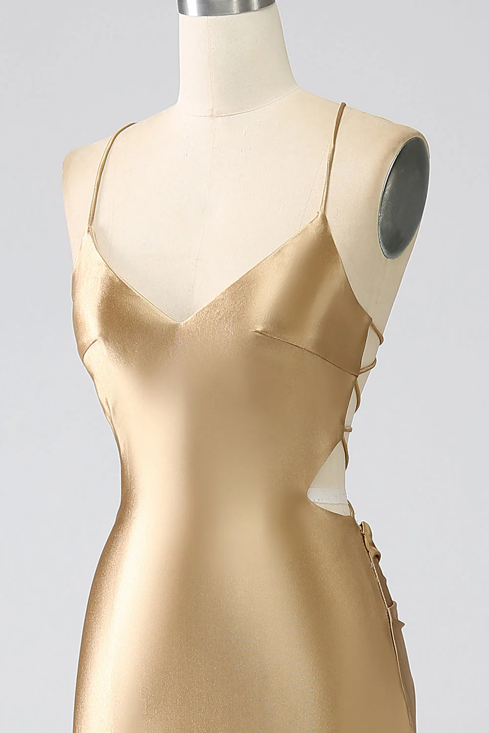 Robe de bal longue en satin à bretelles spaghetti et dos lacé