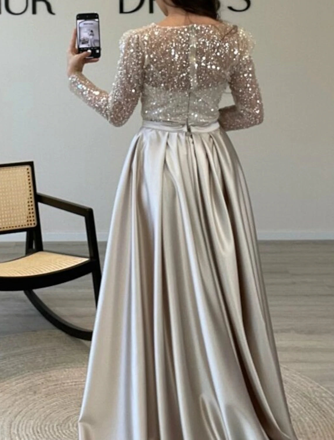 Mermaid Sequin Evening Gown Ruched Satin Dress Long Sleeves Floor Length Sparkle Illusion Neck Prom Wedding Guest Dress