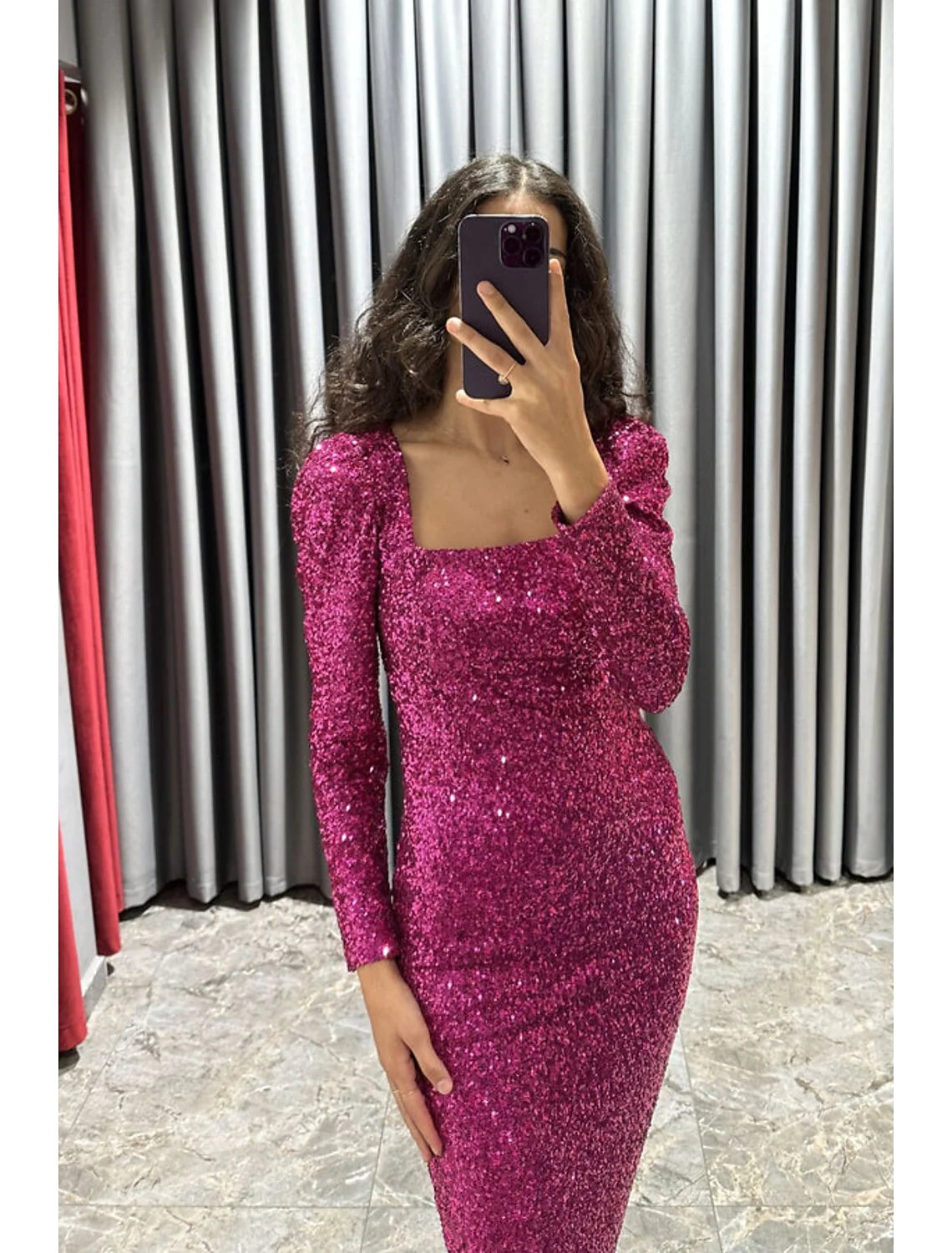 Evening Gown Elegant Black Dress Formal Fall Tea Length Long Sleeve Square Neck Sequined with Glitter Slit
