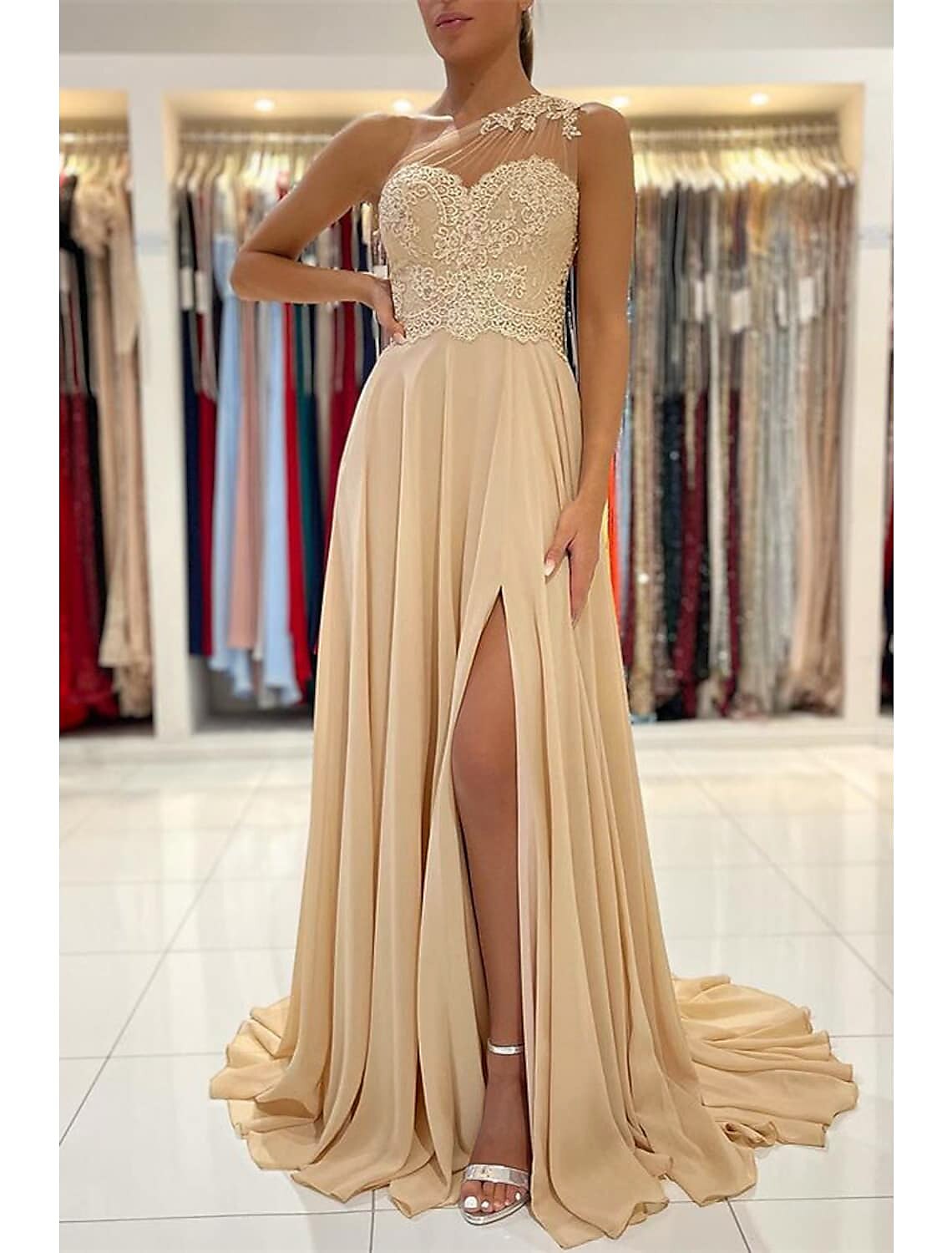 A-Line Evening Dresses Sexy Dress Formal Wedding Guest Court Train Sleeveless One Shoulder Chiffon