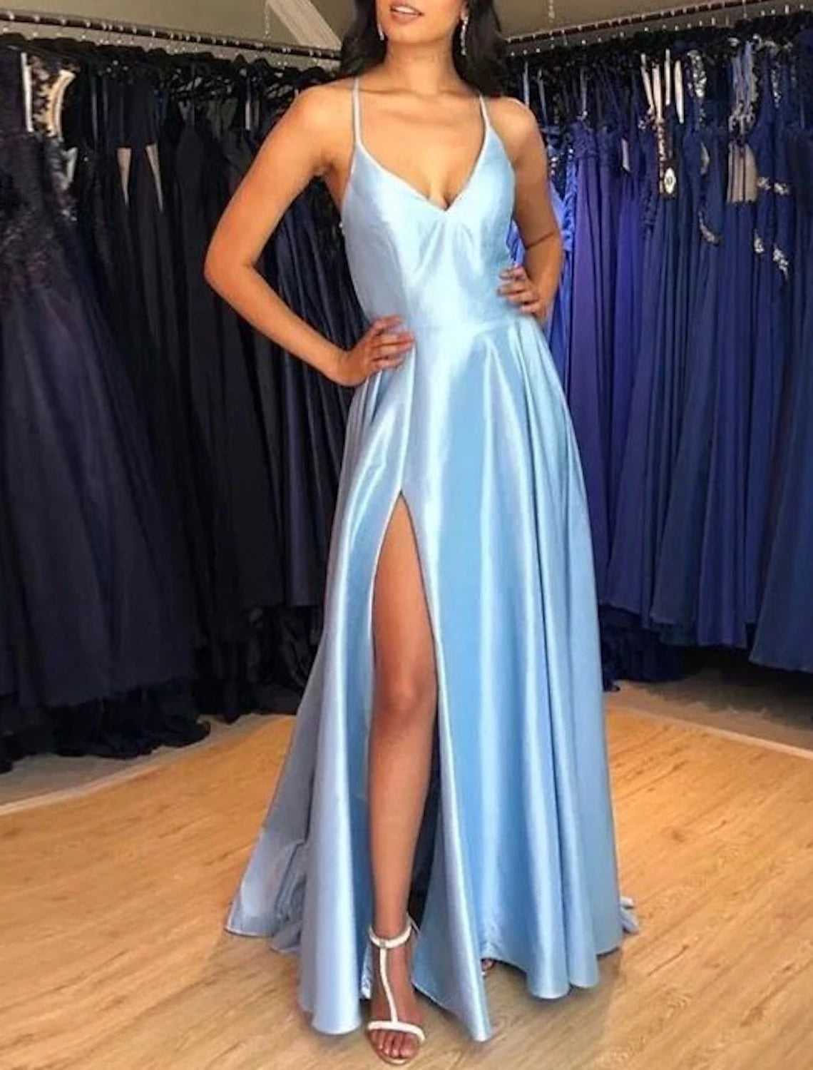 A-Line Wedding Guest Dresses Sexy Dress Prom Black Tie Floor Length Sleeveless Spaghetti Strap Bridesmaid Dress Satin