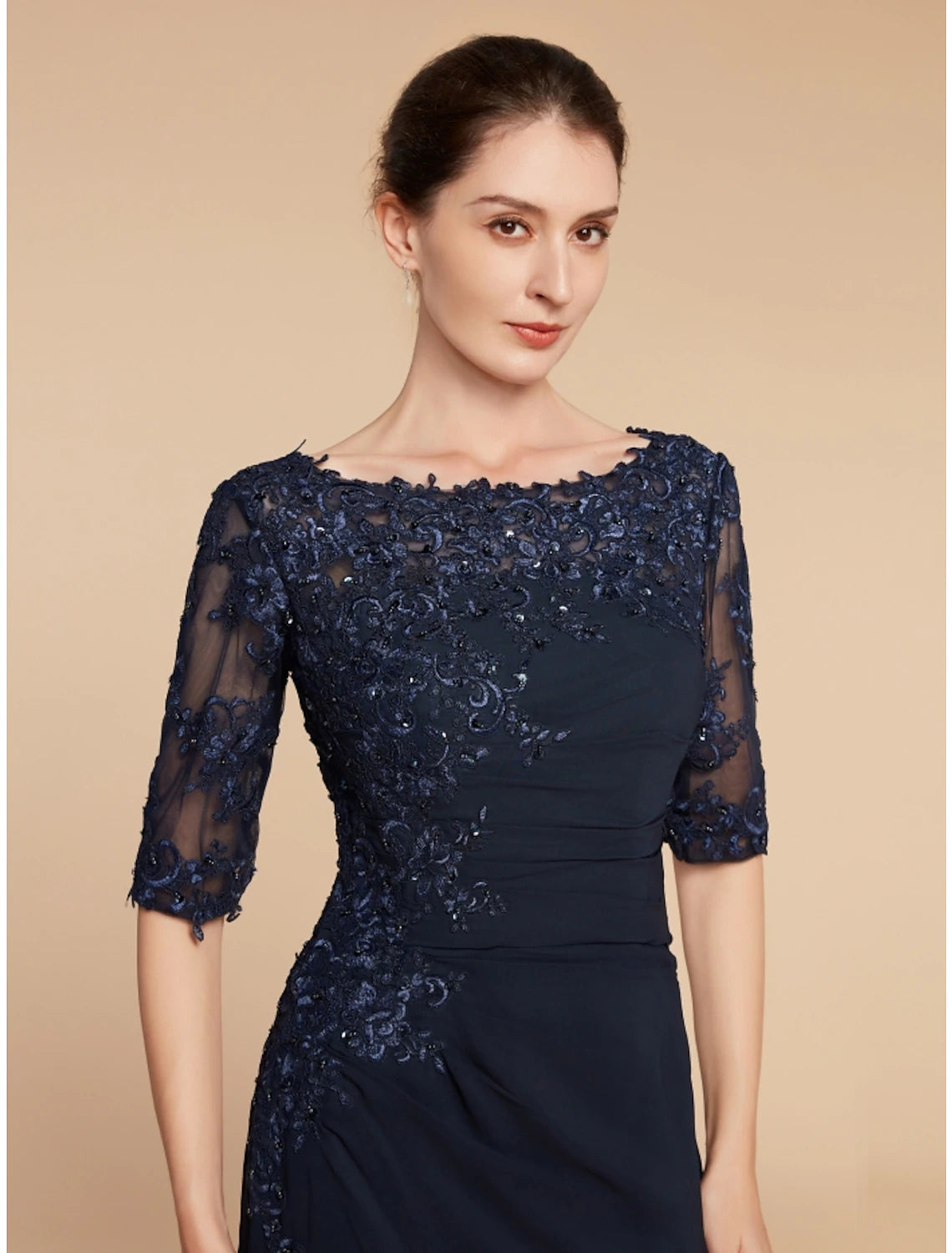 Weitese Sheath / Column Mother of the Bride Dress Wedding Guest Elegant Scoop Neck Ankle Length Chiffon Lace Half Sleeve with Sequin Ruching Solid Color