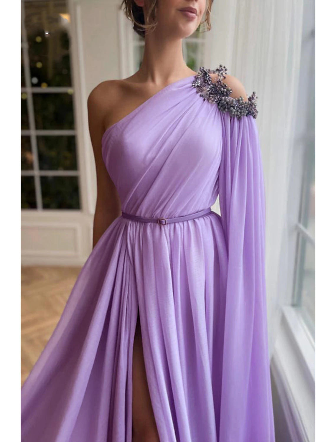 A-Line Prom Gown Elegant Dress Formal Wedding Guest Sweep / Brush Train Sleeveless One Shoulder Capes Chiffon