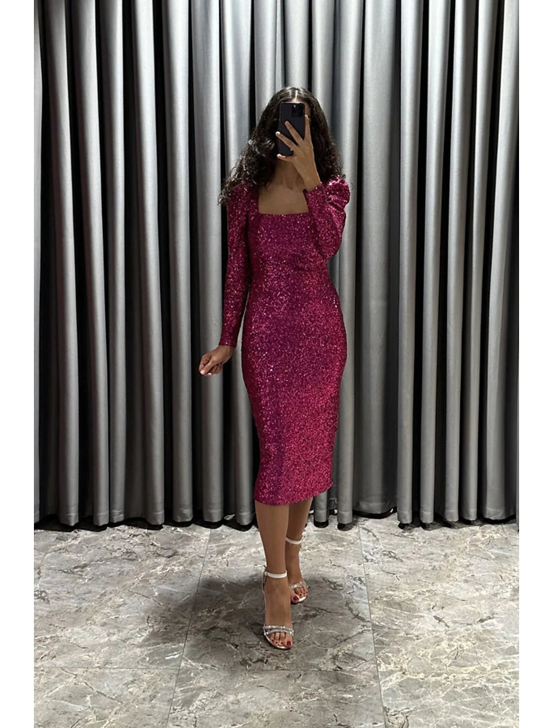 Evening Gown Elegant Black Dress Formal Fall Tea Length Long Sleeve Square Neck Sequined with Glitter Slit