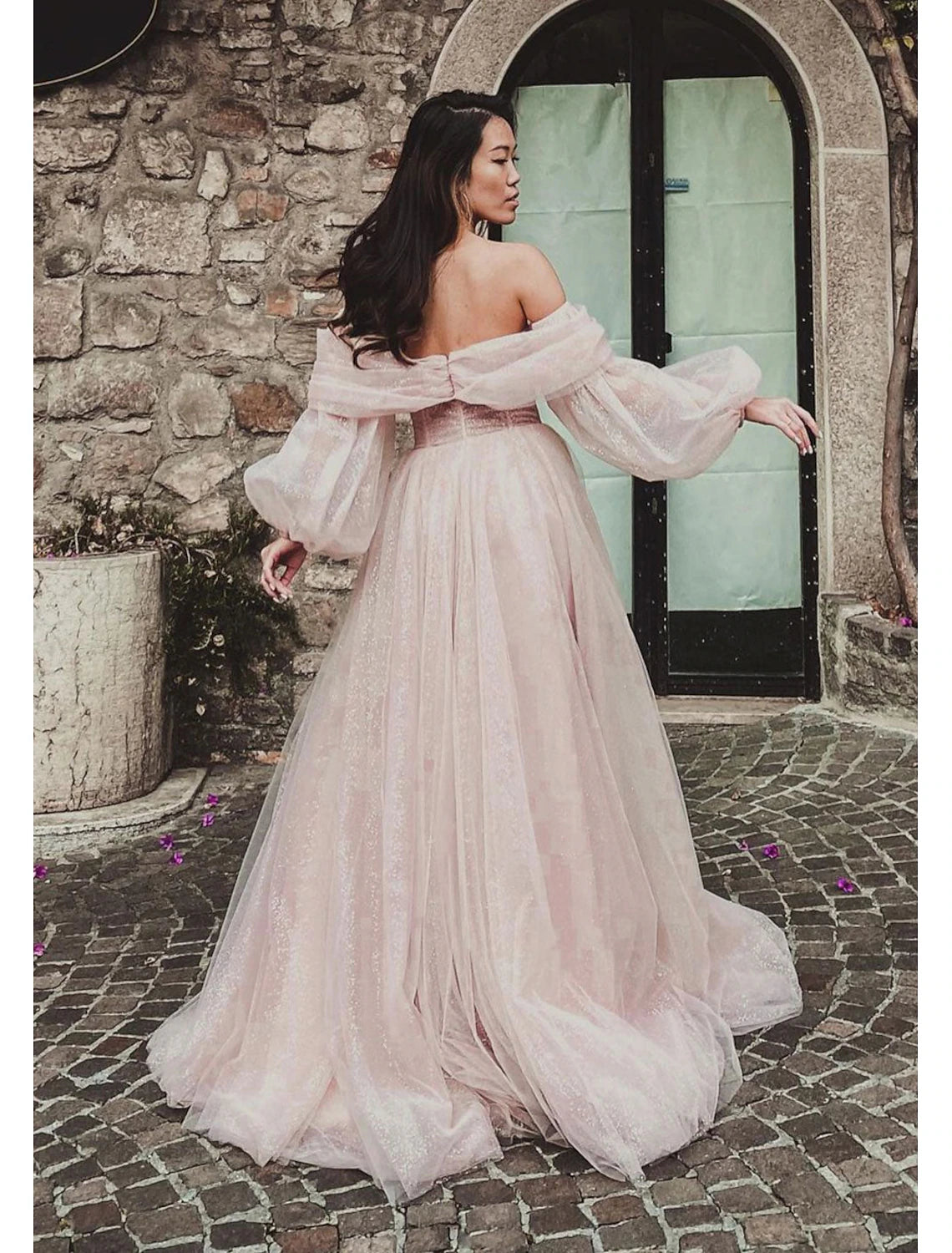 A-Line Evening Dresses Corsets Dress Formal Wedding Party Dress Floor Length Long Sleeve Off Shoulder Tulle
