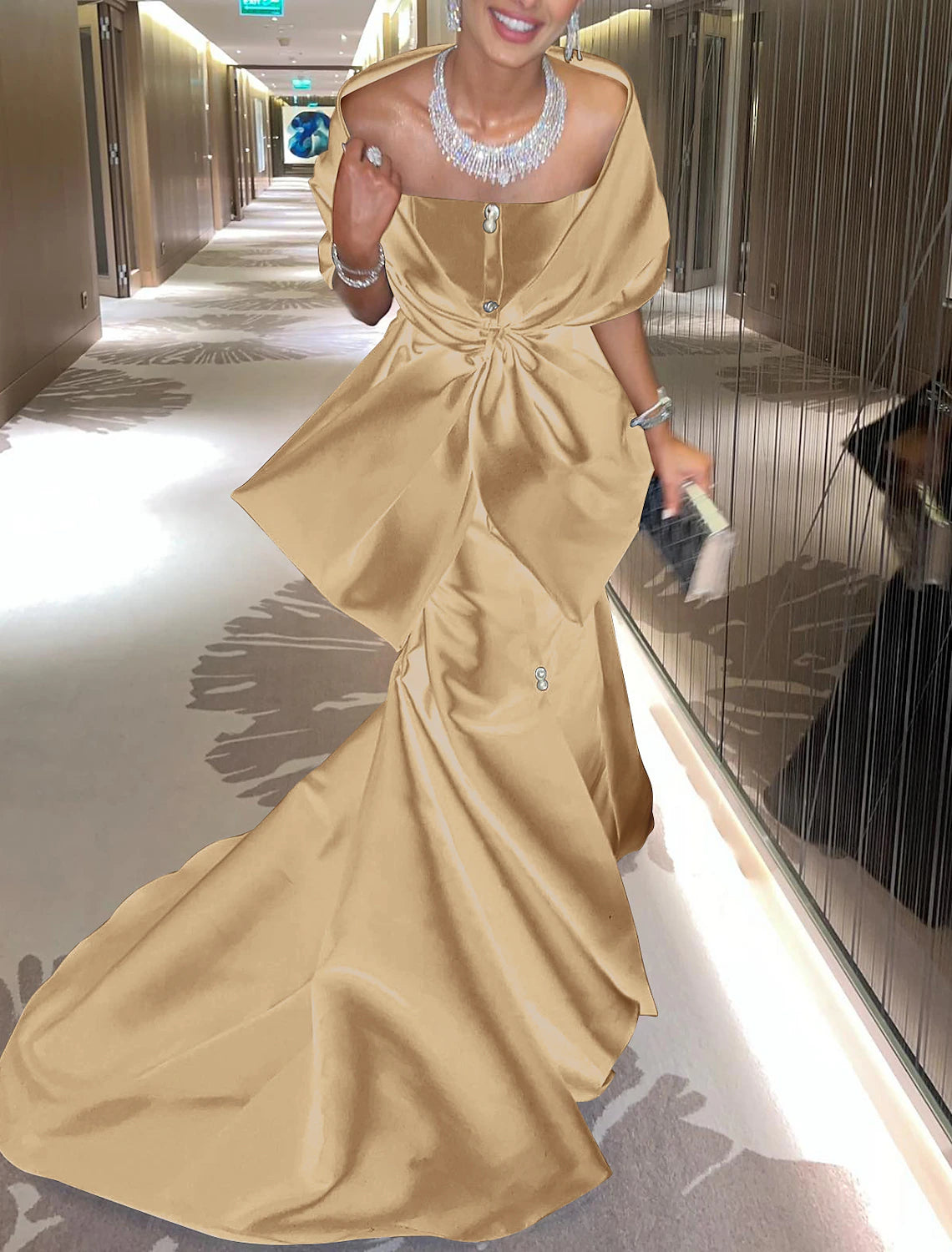 Mermaid / Trumpet Evening Gown Elegant Dress Formal Court Train Half Sleeve Off Shoulder Satin