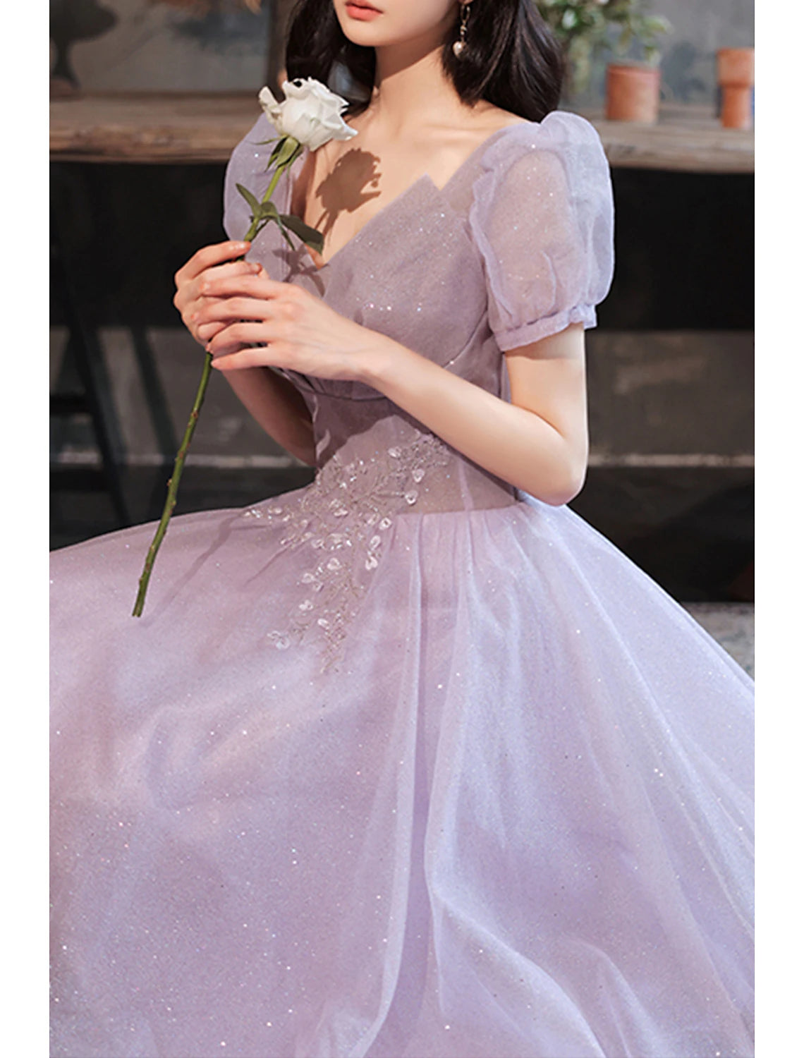 Robe de soirée de bal trapèze scintillante et brillante, longueur au sol, manches courtes, col en V, tulle, pour la Saint-Valentin