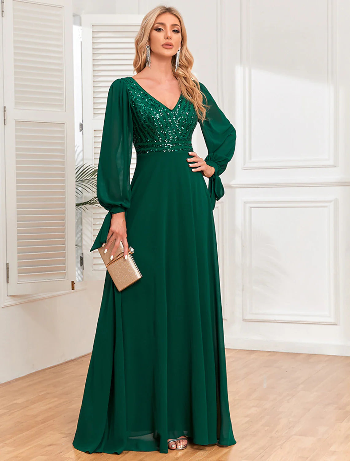 Evening Gown Empire Dress Evening Party Wedding Reception Floor Length Long Sleeve V Neck Fall Wedding Guest Chiffon V Back with Sequin