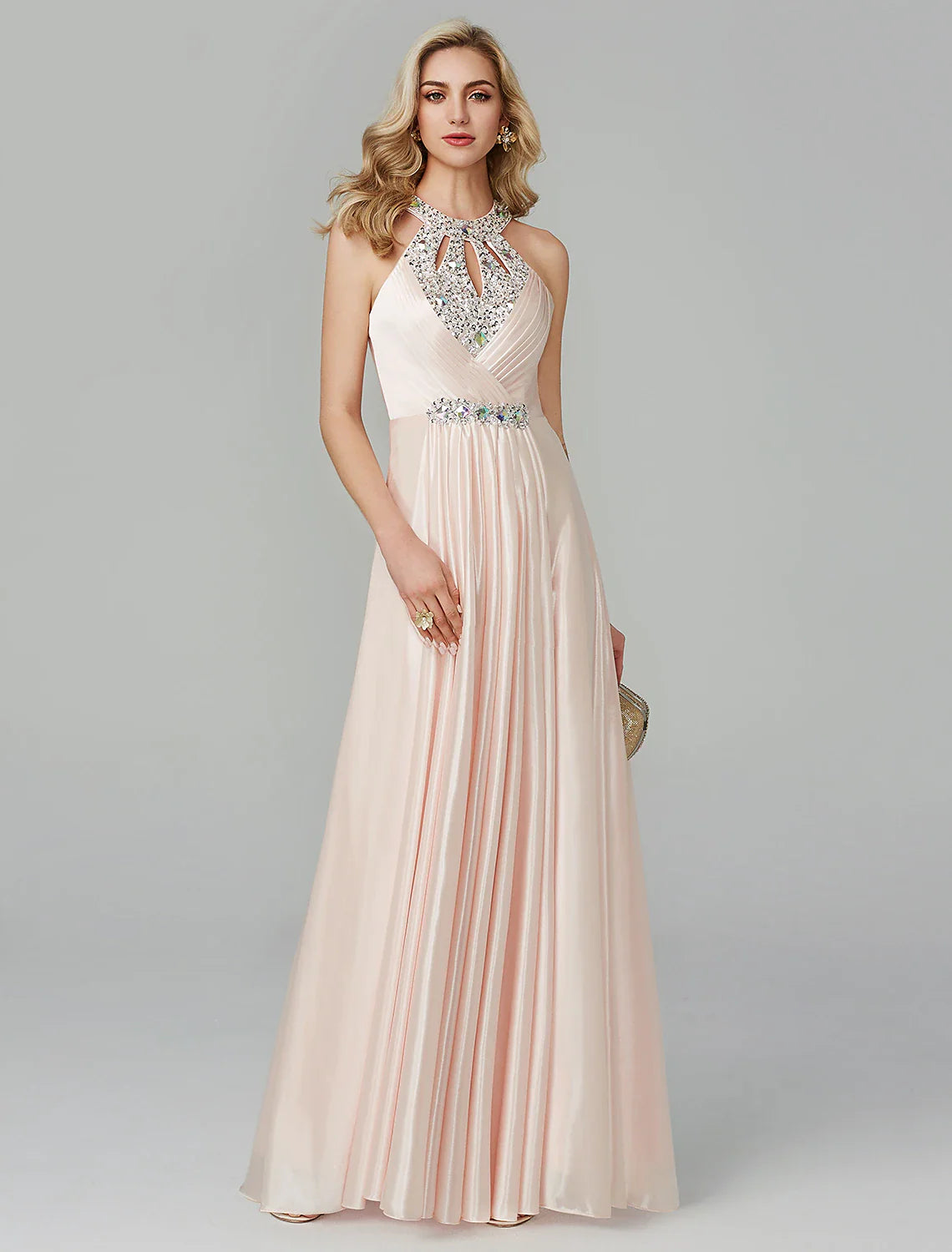 A-Line Party Dress Wedding Guest Floor Length Sleeveless Halter Neck Silk Backless with Crystals Sequin