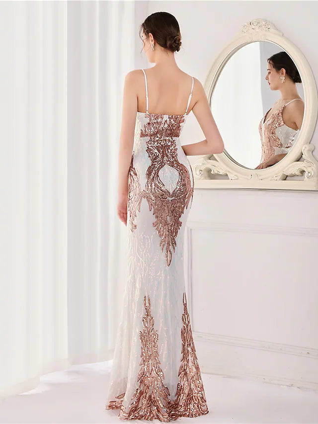 Evening Gown Elegant Dress Wedding Guest Floor Length Sleeveless Spaghetti Strap Sequined V Back