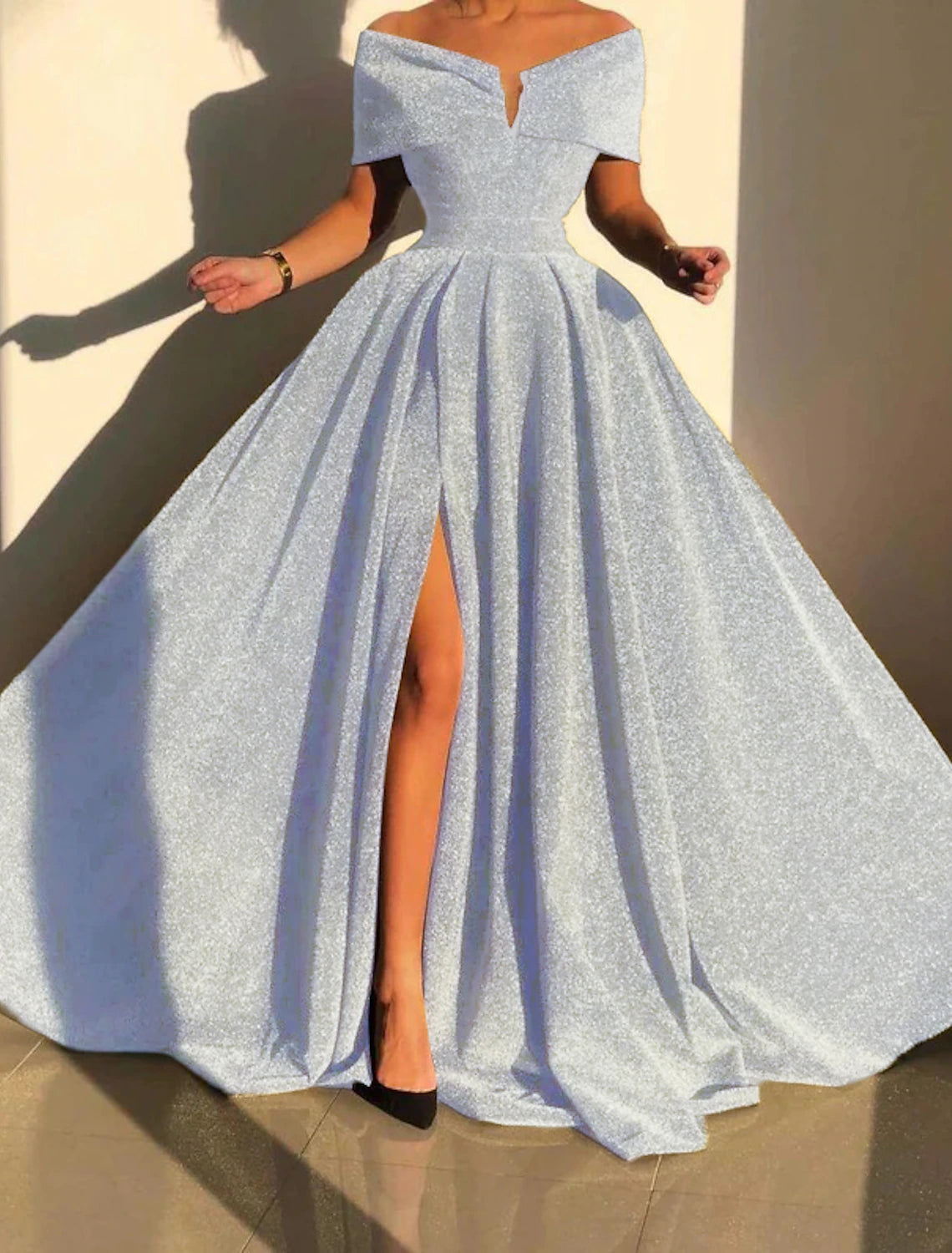 A-Line Evening Gown Sparkle & Shine Dress Formal Fall Court Train Sleeveless Off Shoulder Sequined