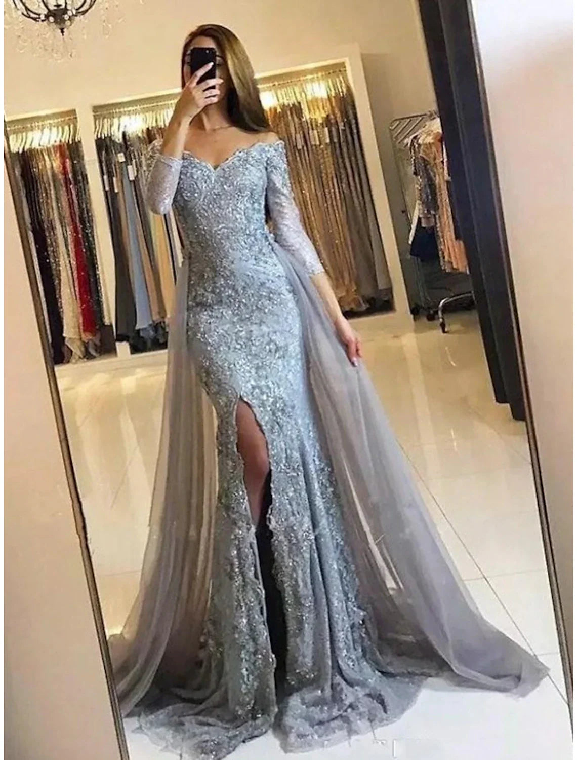 Evening Gown Floral Carnival Dress Formal Wedding Sweep / Brush Train Long Sleeve Off Shoulder Fall Wedding Reception Chiffon with Slit Appliques