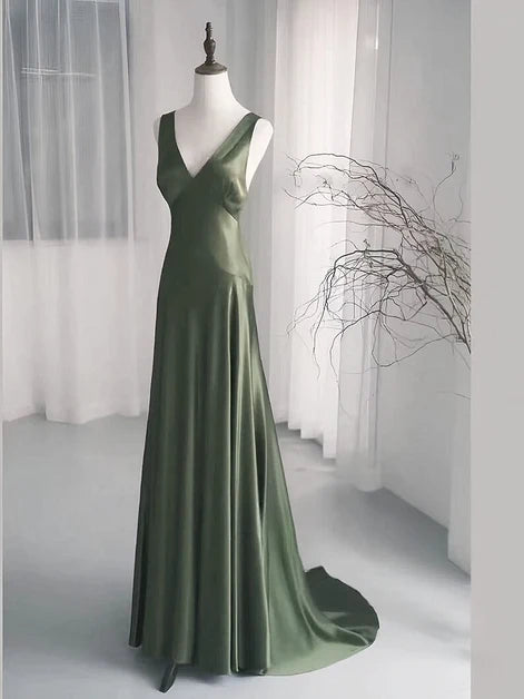 Olive Green Satin A-Line V-Neck V-Back Floor-Length Dress