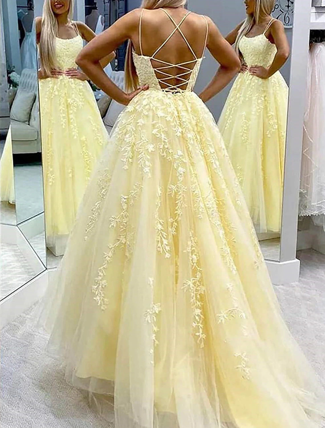 A-Line Evening Dresses Floral Dress Formal Wedding Guest Chapel Train Sleeveless Spaghetti Strap Tulle