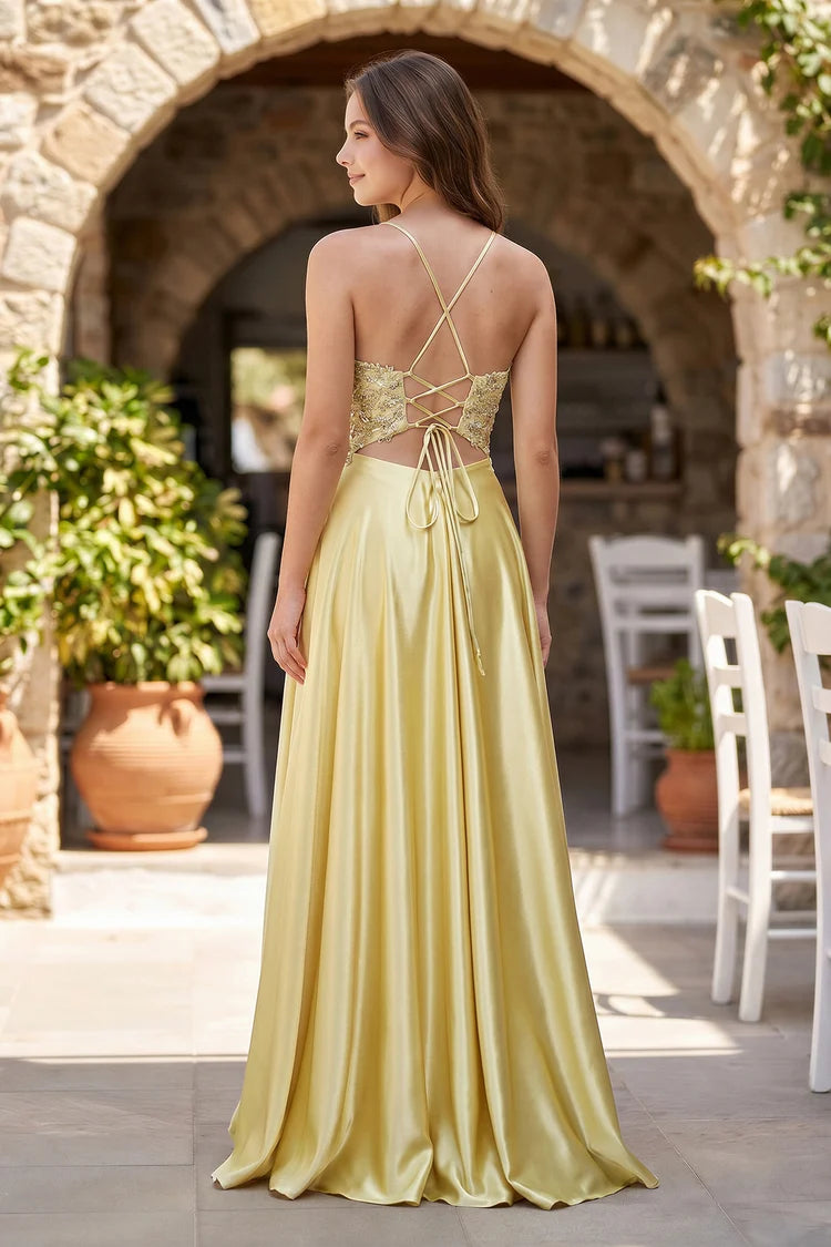 Lemon Yellow Satin and Lace A-Line Plunging V-Neck Floor-Length Dress
