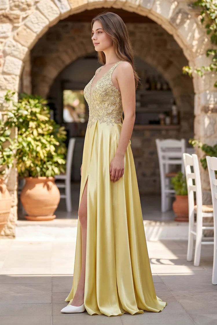 Lemon Yellow Satin and Lace A-Line Plunging V-Neck Floor-Length Dress