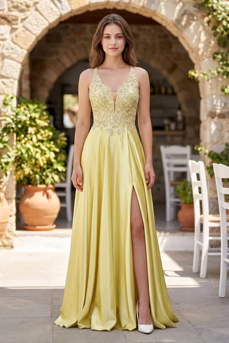 Lemon Yellow Satin and Lace A-Line Plunging V-Neck Floor-Length Dress