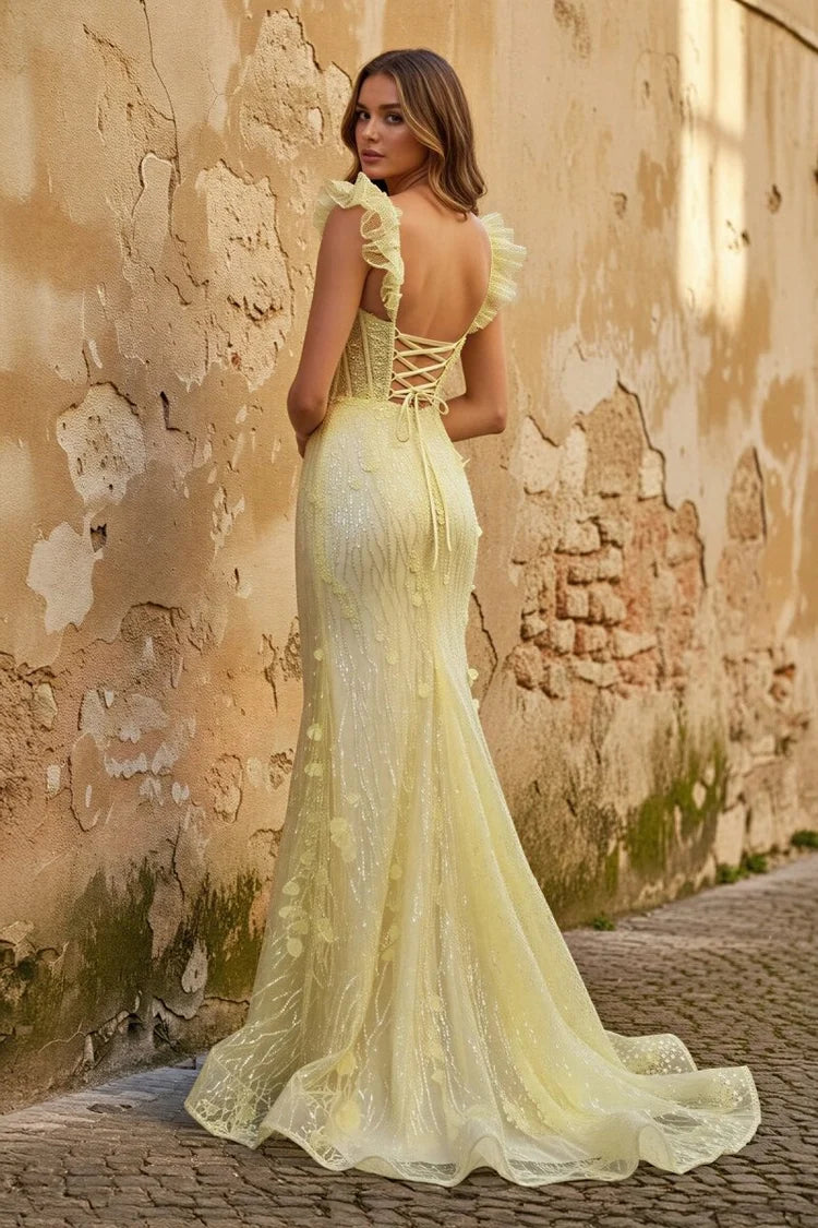 Lemon Glitter Tulle Mermaid Sweetheart Lace-Up Back Floor-Length Dress