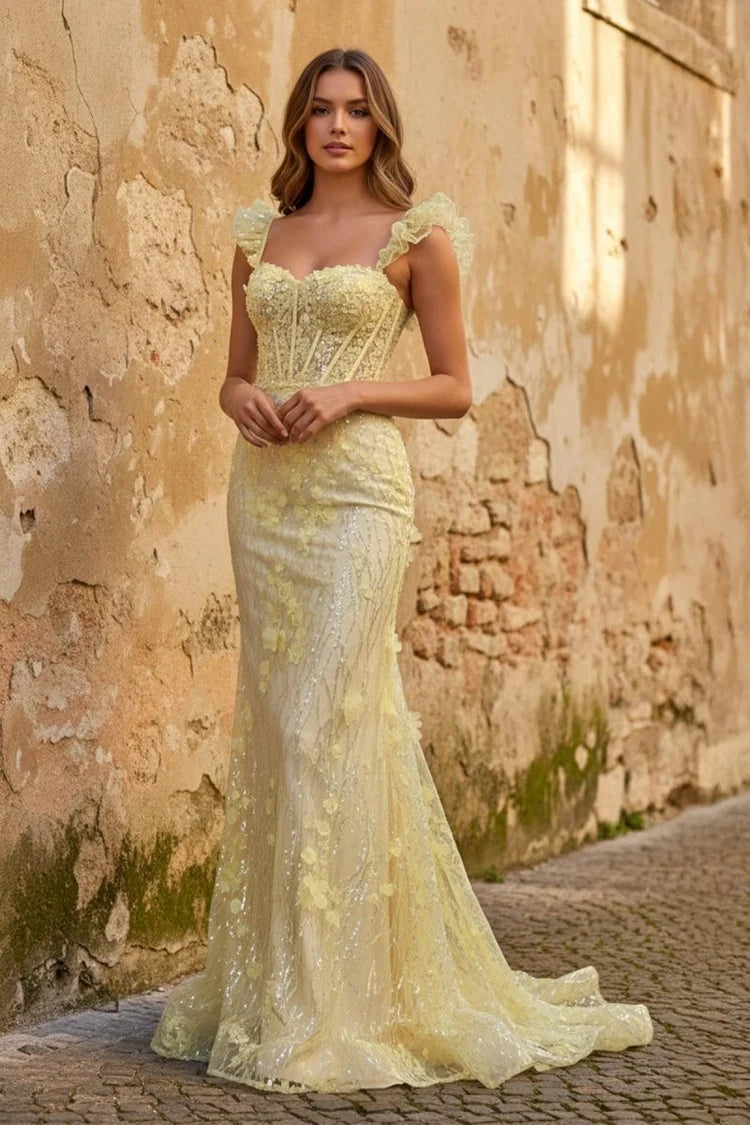 Lemon Glitter Tulle Mermaid Sweetheart Lace-Up Back Floor-Length Dress