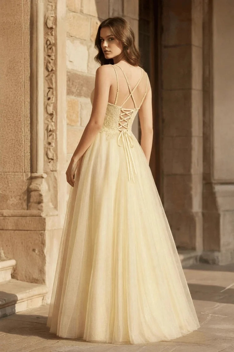 Butter Yellow Tulle & Lace A-Line Sweetheart Lace-up Floor-Length Dress