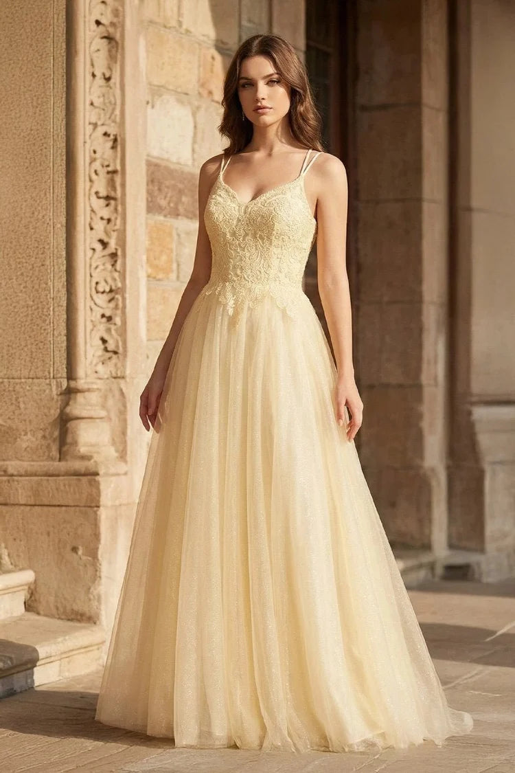 Butter Yellow Tulle & Lace A-Line Sweetheart Lace-up Floor-Length Dress