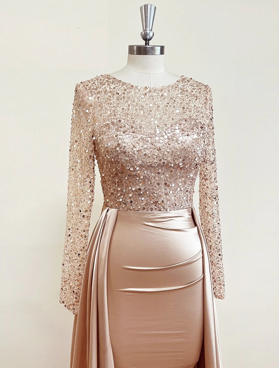 Mermaid Sequin Evening Gown Ruched Satin Dress Long Sleeves Floor Length Sparkle Illusion Neck Prom Wedding Guest Dress