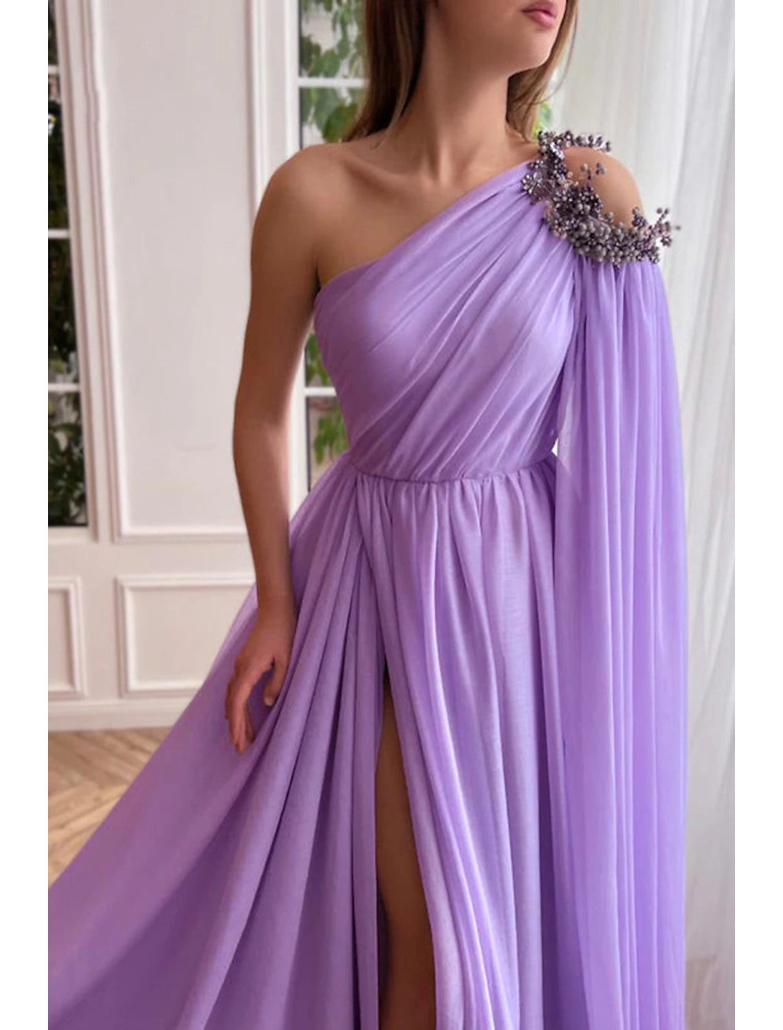 A-Line Prom Gown Elegant Dress Formal Wedding Guest Sweep / Brush Train Sleeveless One Shoulder Capes Chiffon
