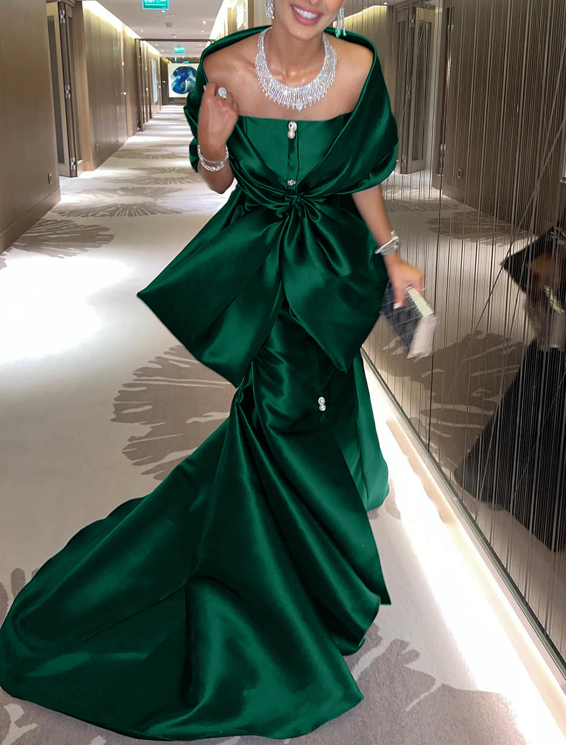 Mermaid / Trumpet Evening Gown Elegant Dress Formal Court Train Half Sleeve Off Shoulder Satin