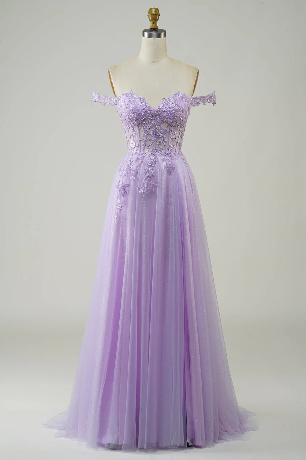 Robe de bal longue en tulle violet avec corset et dentelle