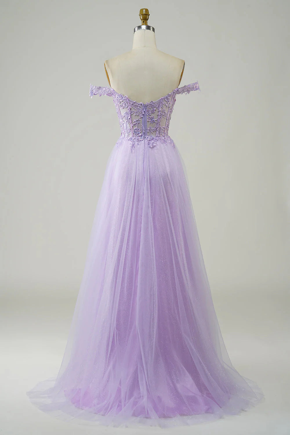 Robe de bal longue en tulle violet avec corset et dentelle