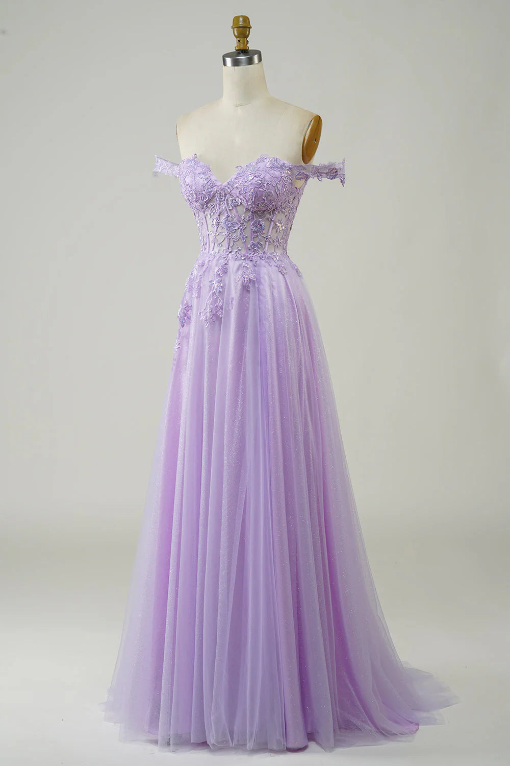 Robe de bal longue en tulle violet avec corset et dentelle