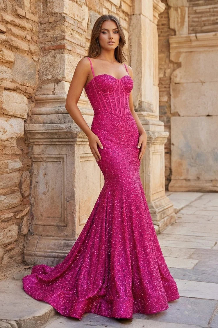 Magenta Sequin Mermaid Sweetheart Lace-Up Floor-Length Dress