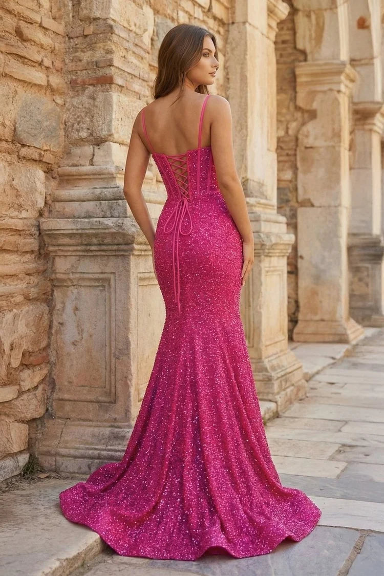 Magenta Sequin Mermaid Sweetheart Lace-Up Floor-Length Dress