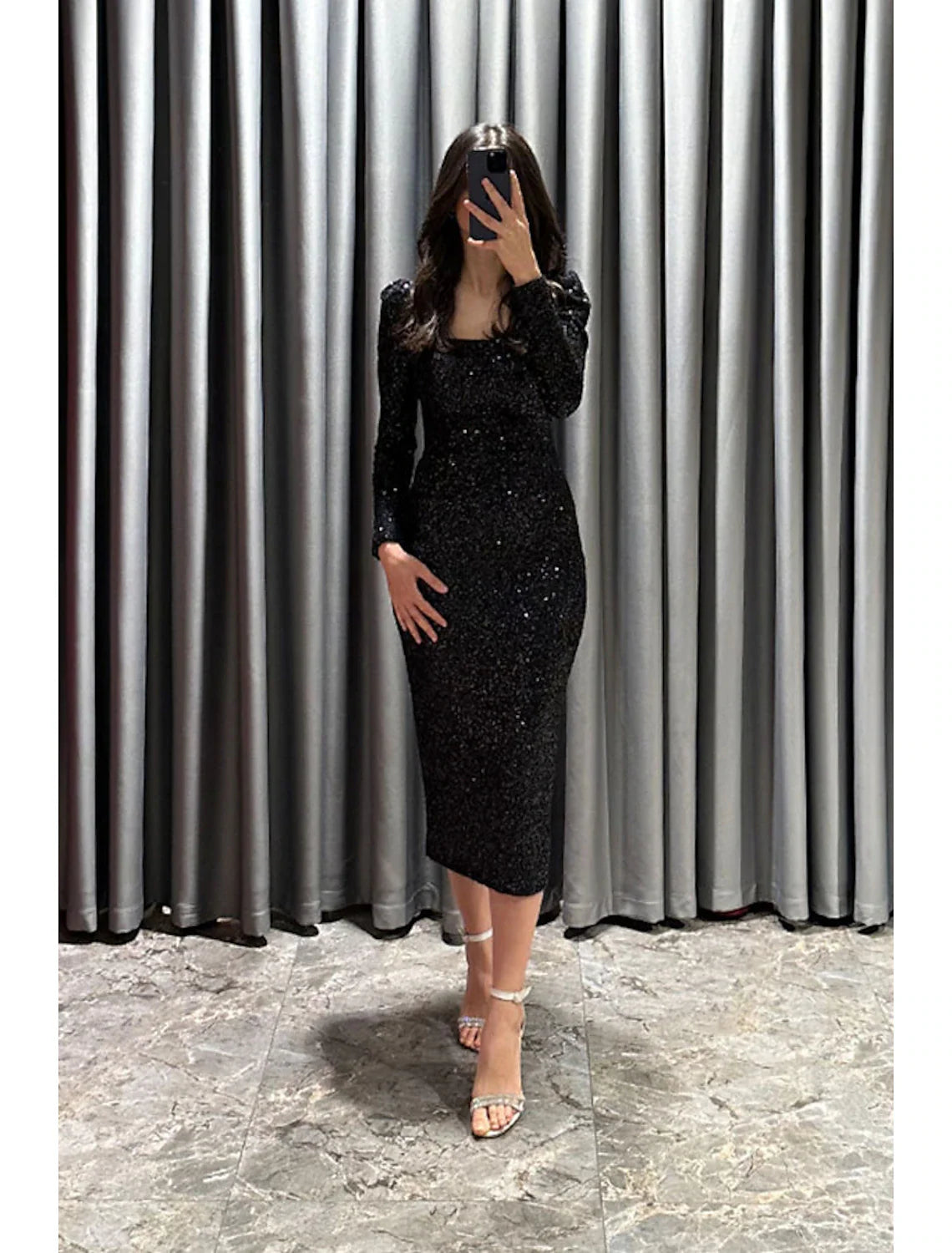 Evening Gown Elegant Black Dress Formal Fall Tea Length Long Sleeve Square Neck Sequined with Glitter Slit