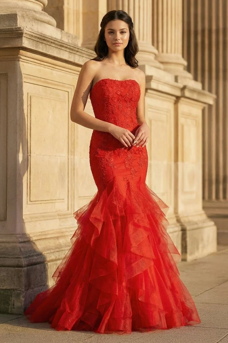 Red Lace and Tulle Mermaid Sweetheart Lace-Up Back Floor-Length Dress