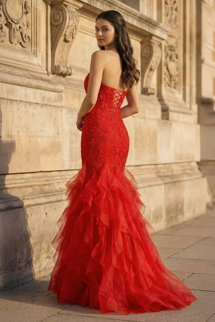 Red Lace and Tulle Mermaid Sweetheart Lace-Up Back Floor-Length Dress