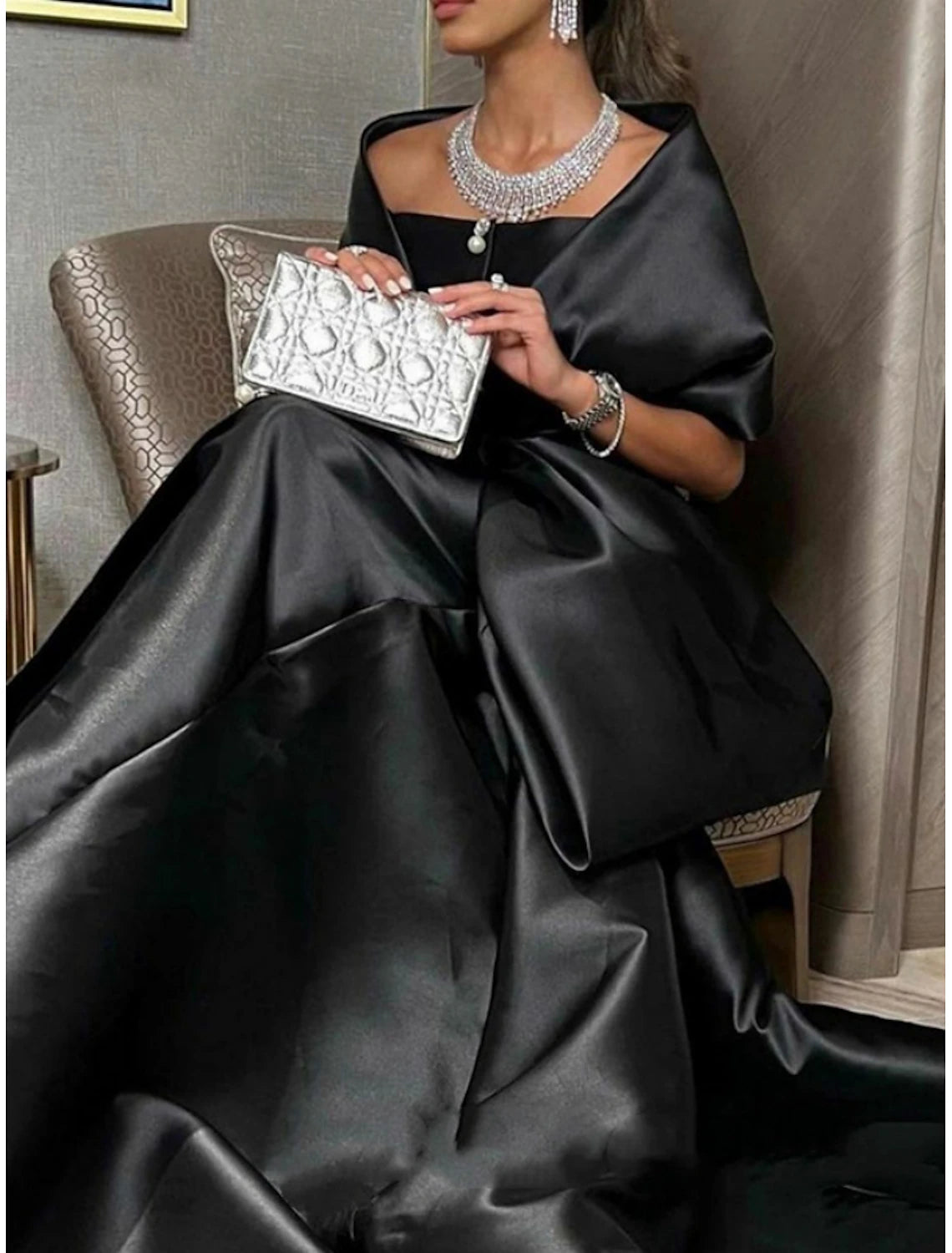 Mermaid / Trumpet Evening Gown Elegant Dress Formal Court Train Half Sleeve Off Shoulder Satin