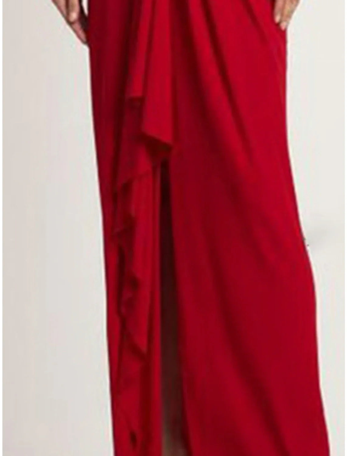 Evening Gown Elegant Dress Formal Ankle Length Christmas Red Green Dress Long Sleeve V Neck Stretch Chiffon with Pleats Slit