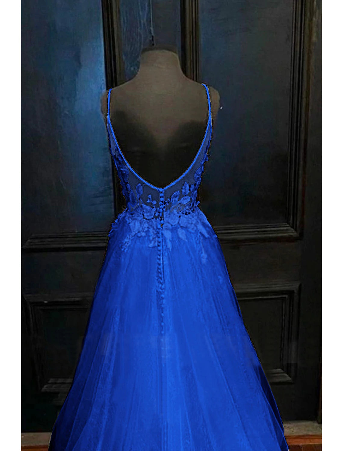 A-Line Evening Dresses Open Back Dress Formal Prom Court Train Sleeveless V Neck Tulle Backless V Back