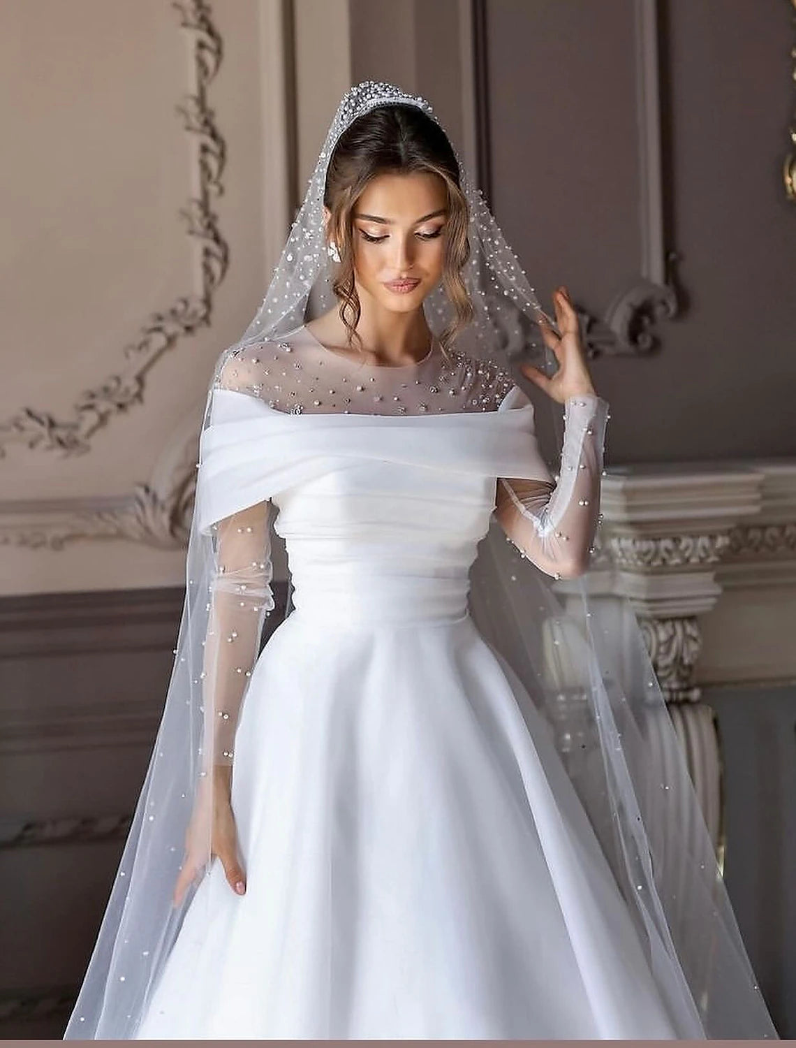 Simple Wedding Dresses A-Line Sheer Neck Long Sleeve Court Train Chiffon Bridal Gowns