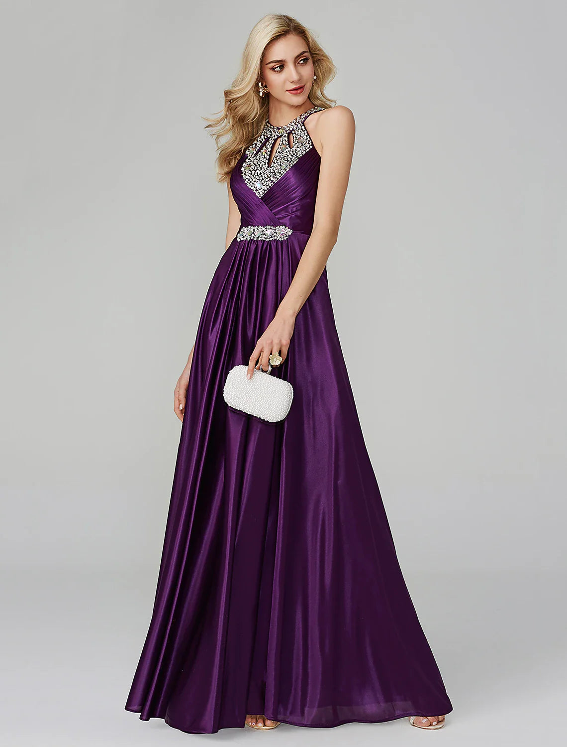 A-Line Party Dress Wedding Guest Floor Length Sleeveless Halter Neck Silk Backless with Crystals Sequin